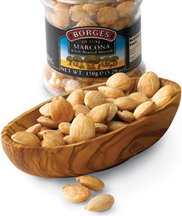 marcona almonds in an olive wood serving bowl