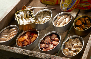 open tins of Spanish seafood